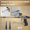 Metallic foam applicator gun displayed with two included black tip attachments and application example insets.