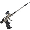Metallic spray foam applicator gun with black ergonomic grip and narrow plastic tip adapter on plain white background.