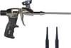 Metallic spray foam gun with black ergonomic grip set beside two plastic tip attachments.