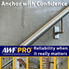 Infographic showing various railing and handrail anchoring applications on concrete, brick, and stone surfaces.