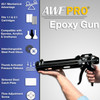 Infographic showcasing a dual-barrel epoxy gun being held by a person, with a side panel listing features including a 25 to 1 mechanical advantage, cartridge compatibility, and interchangeable push discs.