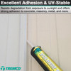 Infographic showing a close-up of a tube of Vulkem 116 polyurethane sealant being used to seal a vertical joint between two exterior building panels, with text highlighting its excellent adhesion and UV-stable formula that resists degradation from sunlight.