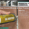Infographic highlighting residential and commercial applications for sealing around window and door frames, showing a caulking gun applying Vulkem 116 polyurethane sealant to a brick masonry joint, with inset photos of building exteriors and text stating it is safe for vinyl, wood, brick, masonry, stone, stucco, or metal.