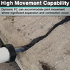 Infographic demonstrating high movement capability, showing a close-up of a sausage gun applying black sealant into a concrete joint, with text highlighting that Dymonic FC accommodates significant expansion and contraction.