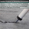 Infographic highlighting resilient products for demanding environments, showing a sausage gun applying black sealant into a concrete fissure, with text emphasizing that Dymonic FC boasts unmatched moisture resistance compared to traditional cementitious underlayments to minimize delamination risks.