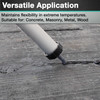 Infographic demonstrating versatile application, showing a sausage caulking gun applying black sealant to a textured surface, with text highlighting that the product maintains flexibility in extreme temperatures and is suitable for concrete, masonry, metal, and wood.