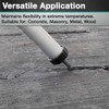 Infographic demonstrating versatile application, showing a sausage caulking gun applying black sealant to a textured surface, with text highlighting that the product maintains flexibility in extreme temperatures and is suitable for concrete, masonry, metal, and wood.