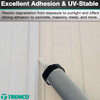 Infographic showing a close-up of a sausage gun dispensing sealant along a vertical joint between two different exterior building panels, with text highlighting its excellent adhesion and UV-stable formula that resists degradation from sunlight.