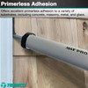 Infographic showing a close-up of an AWF PRO sausage gun applying sealant along a joint between a white frame and wood shingle siding, with text highlighting its primerless adhesion to substrates like concrete, masonry, metal, and glass.