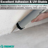 Infographic showing a close-up of an AWF PRO sausage gun dispensing sealant along a joint between a concrete wall and floor, with text highlighting its excellent adhesion and UV-stable formula that resists degradation from sunlight.