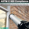 Infographic demonstrating ASTM C 920 compliance, showing a sausage gun sealing a joint between a window frame and an exterior brick wall, with text highlighting that Vulkem 116 is tested to withstand the elements and accommodate structural movement.