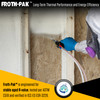 Infographic highlighting stable aged R-value tested per ASTM C518. Shows a professional spraying foam into a wall cavity.
