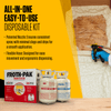 Infographic showing a spray foam kit with tanks and a nozzle applicator being used to seal a wooden wall cavity.