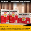 Infographic showing three different sizes of spray foam insulation kits: two 630 board feet boxes and one 200 board foot box.