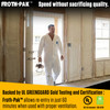 A contractor walking through a room with spray foam insulation, highlighting a sixty minute re-entry time after application.