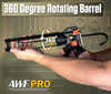 Infographic highlighting the 360-degree rotating barrel feature on an AWF Pro caulking gun being held in a workshop.