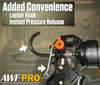 Infographic highlighting the ladder hook and instant pressure release features on an AWF Pro caulking gun.