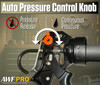 Infographic highlighting the auto pressure control knob with pressure release and continuous pressure settings on an AWF Pro caulking gun.