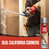 Person applying spray foam sealant to a California corner to create an airtight insulation seal between wood studs.