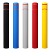 Five rounded top bollard covers with two horizontal reflective stripes shown in black, blue, gray, red, and yellow