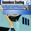 Infographic demonstrating a seamless, blue liquid coating applied to a house to replace traditional building wrap systems.
