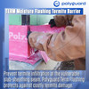 A contractor applying pink TERM flashing moisture termite barrier to a slab-sheathing seam.