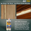 Infographic demonstrating a non-sag epoxy formula, showing clean beads of adhesive applied horizontally and vertically to wood surfaces next to a dual-component thickened epoxy cartridge.