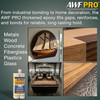 Infographic listing compatible materials like metals, wood, concrete, fiberglass, plastics, and glass, alongside images of home decor, woodworking, and boat projects next to a dual-component thickened epoxy cartridge.