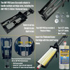 Infographic demonstrating how to set up an epoxy gun. It highlights five included pressure plates, installation instructions for a 450 milliliter cartridge, and shows how to insert the cartridge with the label facing down.