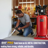 Worker kneeling in a workshop applying joint sealant next to a red air compressor, with text highlighting AWF Pro all-metal construction.