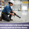 Worker kneeling in a warehouse applying concrete adhesive with an AWF Pro applicator gun, with text describing viscosity handling.