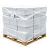 Bulk pallet of white oil-only absorbent pads stacked and secured with clear plastic stretch wrap for shipping.