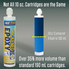 Infographic comparing cartridge volume. Shows a 10 ounce cartridge alongside a standard 190 milliliter cartridge with text stating it offers over 35 percent more volume.