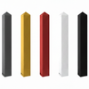 Five square post covers with pointed tops in gray, yellow, red, white, and black finishes shown side by side