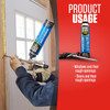 Infographic showing product usage for window and door polyurethane foam sealant: a person uses an applicator gun to apply foam in rough openings around windows and doors for sealing and insulation.