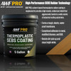 Infographic detailing the high-performance SEBS rubber technology of this 5-gallon pail of coating. It explains that the solvent-based formula creates a durable, elastic, and waterproof shield that adheres to various substrates like metal and modified bitumen while resisting dirt to maintain a bright white finish.