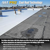 Infographic demonstrating "Cool Roof Technology," showing a roof partially coated in white to reflect up to 85 percent of UV rays. This process lowers surface temperatures, reduces cooling costs, resists UV damage, and maintains flexibility during thermal cycling.