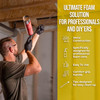 Infographic highlighting features of a foam sealant applicator gun, including metal construction, comfort grip handle, and easy clean-up tips.