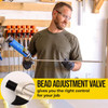 Infographic showing a person holding a long-reach foam gun, highlighting a close-up view of the bead adjustment valve.