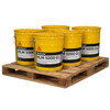 Five yellow 5 gallon pails of liquid-applied elastomeric waterproofing membrane arranged on a wooden pallet.