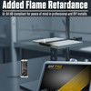 product testing application titled 'Added Flame Retardance.' The image depicts a laboratory test setup where a thin, rod-like material sample is held horizontally by a clamp over a white square platform, with a small flame active at its tip. A digital testing device with an AWF Pro branded screen occupies the foreground, and a bottle of the adhesive stands slightly out of focus on the bench in the background. The text states the product is UL 94 HB-compliant for peace of mind in professional and DIY installs.