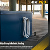showcases an outdoor marine or industrial application titled 'High-Strength Reliable Bonding.' The image focuses on a metal cleat securely attached to the side of a large blue container or dock box, with a coiled white rope hanging from it. A cartridge of the adhesive sits on the wooden boardwalk behind the container. The background shows an outdoor dock area with wooden pilings, water, and boats under soft daylight. Below, the text highlights proven performance in rugged environments to securely bond hardware, cleats, and brackets to metal containers and equipment with professional-grade confidence.