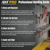 an AWF Pro 'Professional Bonding Guide' set against the background of an organized workshop wall with hand tools on pegboards and storage bins. The guide outlines a 4-step process: Step 1, Clean and Degrease, advising to wipe surfaces with a solvent like Acetone or Isopropyl Alcohol; Step 2, Abrade the Surface, instructing to scuff surfaces with sandpaper or an etching tool to create a mechanical key; Step 3, Clear the Debris, recommending a final solvent wipe to remove sanding dust; and Step 4, Apply and Align, directing to dispense a steady bead, take advantage of the extended work-life for perfect alignment before clamping, and allow to cure undisturbed for 24 hours.