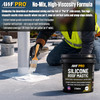 Infographic showing a worker applying AWF PRO no-mix silicone mastic to a roof pipe flashing, highlighting its high-viscosity, non-sag formula and 100 linear feet per gallon coverage.