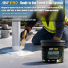 Infographic showing a worker applying AWF PRO trowel-grade rubber mastic with a brush to a rooftop pipe flashing, noting fast dry times and coverage of 80 linear feet per gallon.