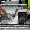 Infographic showing workers using AWF PRO rubber mastic to seal roof transitions, highlighting its compatibility with topcoats to form a unified, waterproof membrane.