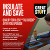 Infographic detailing how insulation upgrades qualify for a twenty-five C Energy Efficient Home Improvement Credit. It notes the tax credit covers up to thirty percent of eligible expenses, up to twelve hundred dollars per year for homeowners or tenants in a primary residence, using IRS Form fifty-six ninety-five.