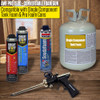 AWF Pro 1500 foam gun displayed with compatible foam cans and a single component foam tank on a wooden table.
