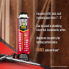 Infographic showing features of the polyurethane foam sealant, which expands to fill gaps from 1 inch to 3 inches. It lists application uses including plumbing, electrical, basements, and attics, notes its durability, and indicates that it features orange colored foam.