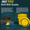 Promotional graphic showing industrial absorbent pads, pillows, socks, gloves, and a hazardous material disposal bag alongside a yellow UN rated spill kit drum with secure lid, emphasizing quick cleanup and safe transport of saturated materials